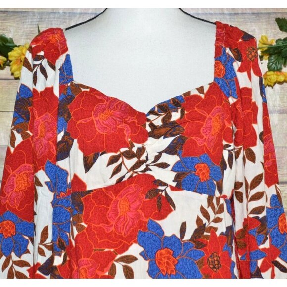NWT Maurices Ladies L Red Blue Floral Sweetheart Mini Dress Long Sleeve Size L - Picture 2 of 10